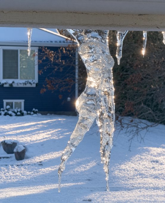 Large icicles hang from a roof edge, with sunlight glowing through them against a backdrop of a snowy yard and a blue house.