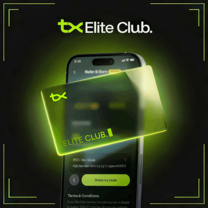 A sleek promotional graphic for "tx Elite Club" featuring a smartphone displaying a referral code and a glowing neon-green membership card overlaid on top, set against a dark background with green accent lighting.

The visual emphasizes the exclusivity of the program by showcasing its branded digital card and referral system, reinforcing the post's message that membership is limited to 100 earned seats for contributors who actively support the tx community.