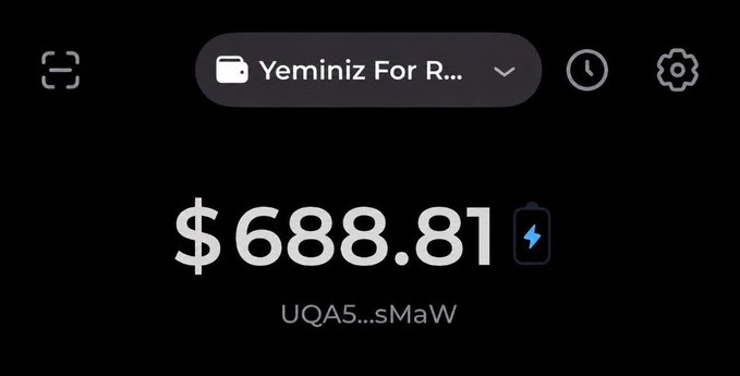 Mobile app screen displaying a wallet balance of $688.81 with account name 'Yeminiz For R...' and wallet address 'UQA5...sMaW'.