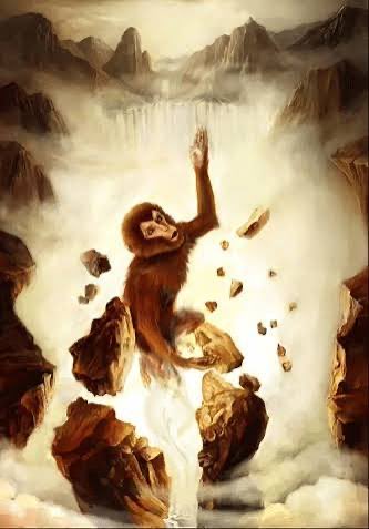 A surreal painting depicting a monkey falling or floating amid floating rocks and mist with waterfalls and mountains in the background, with a small ship visible at the bottom.