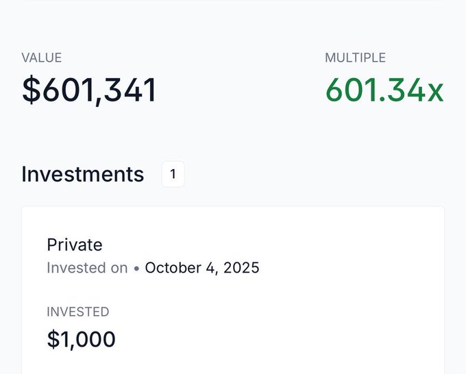 The image shows an investment dashboard displaying a private investment valued at $601,341 with a 601.34x multiple, originally invested at $1,000 on October 4, 2025. This illustrates the frustration in the post, where a $600k+ position has reportedly dropped to less than $5,000 upon vesting/unlocking.