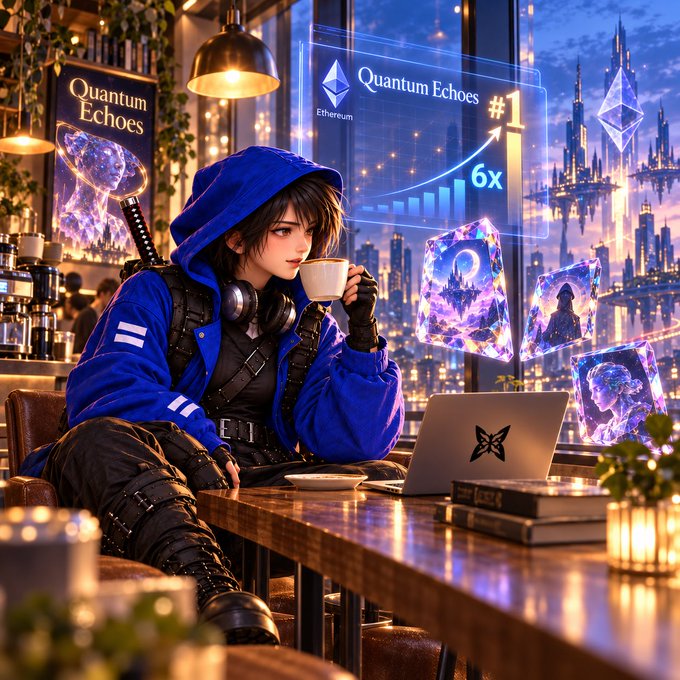 An anime-style illustration depicts a character in a blue hoodie sitting at a café, drinking from a cup, with holographic displays showing 'Quantum Echoes' NFTs and Ethereum branding, while a sword is strapped to their back.