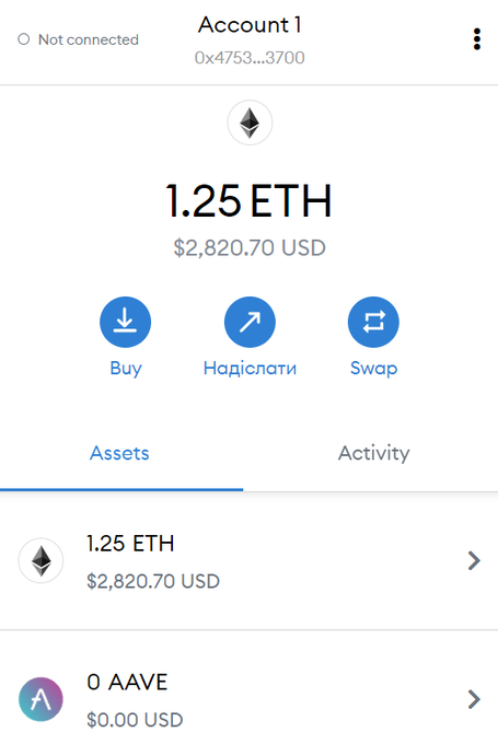 A MetaMask wallet screenshot showing Account 1 with a balance of 1.25 ETH ($2,820.70 USD), with options to Buy, Send (Надіслати), and Swap, plus assets tab showing 1.25 ETH and 0 AAVE.