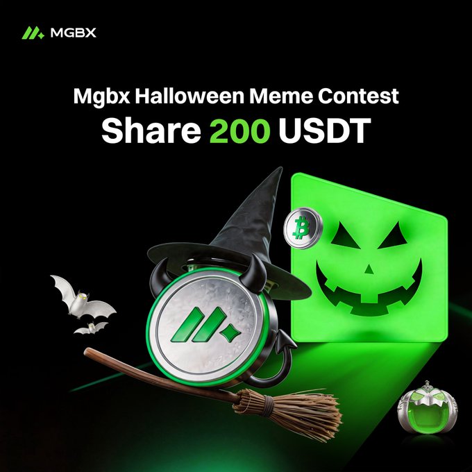 A promotional graphic for the "Mgbx Halloween Meme Contest" offering a "200 USDT" share prize, featuring the MGBX logo decorated with a witch hat and broomstick, alongside a green jack-o'-lantern figure with a Bitcoin coin for an eye and small bats, inviting users to create Halloween-themed memes featuring the MGBX logo.
