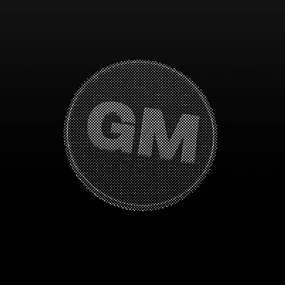 A pixelated circular graphic with white dots forms the partial text "10X" against a black background, paired with a social post greeting "GN/GM to our global crypto fam." The dotted design visually reinforces the "10X" crypto hype theme in a minimalist, community-focused aesthetic.