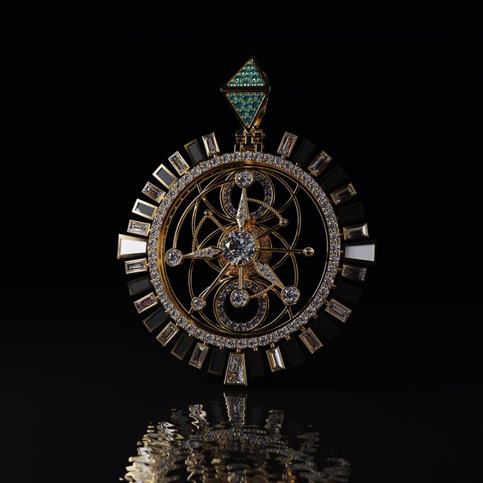 An ornate gold pendant with intricate filigree, a central diamond, sapphire accents, and rectangular gemstones around the edge, photographed against a black background with reflection.