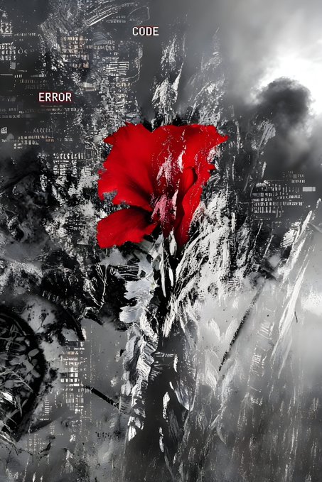 Dark, abstract digital artwork featuring a red flower silhouette overlaid on a grungy background with faint code-like text and the words 'CODE' and 'ERROR'.