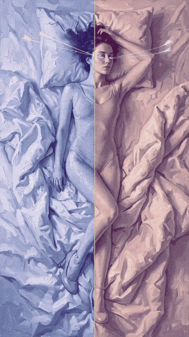 A split artistic painting showing a ballerina in two contrasting color schemes—cool blue on the left and warm sepia/orange on the right—both views showing her lying in bed.