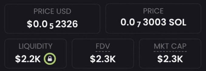The image shows a dashboard with a token priced at $0.052326 USD (0.073003 SOL), with liquidity of $2.2K (locked), FDV of $2.3K, and market cap of $2.3K. This brutally illustrates the gap between the poster's "$100M mcap" promise and the token's actual ~$2.3K valuation, serving as a reality check on the meme coin hype.