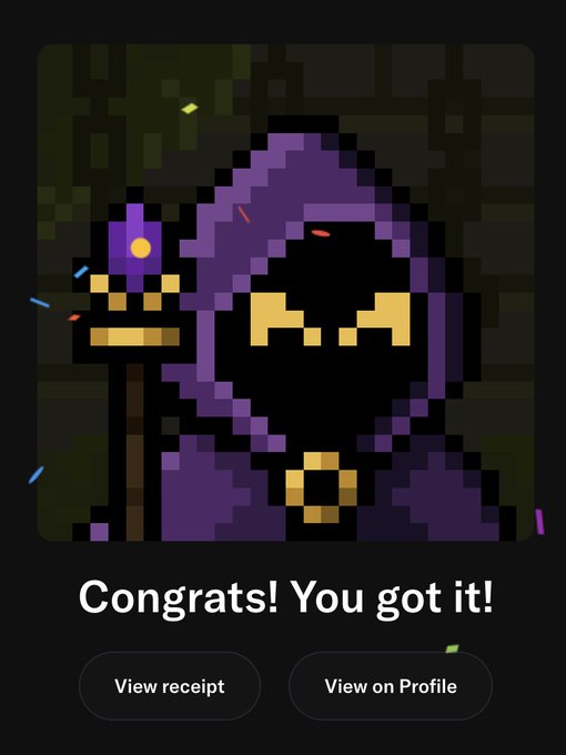 A pixel-art hooded figure in purple with glowing yellow eyes holds a staff beside a "Congrats! You got it!" message, with "View receipt" and "View on Profile" buttons below, celebrating the user's 1 ETH acquisition of a Mancer NFT.