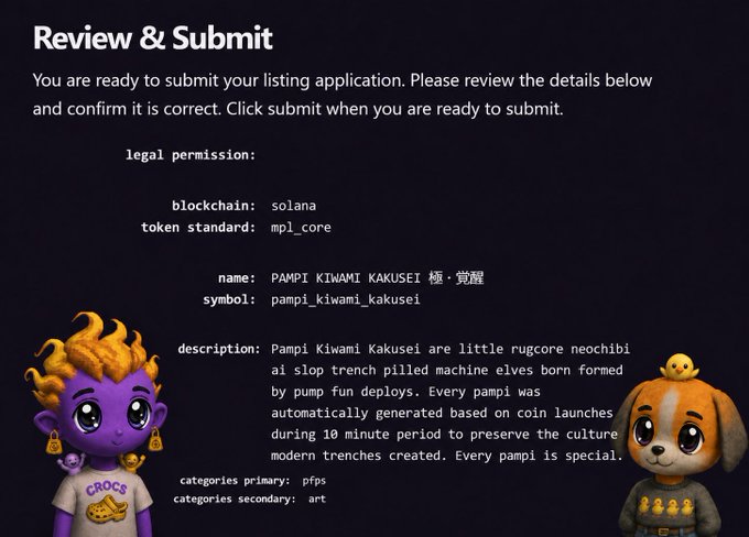 A 'Review & Submit' page for a listing application with details including blockchain: solana, token standard: mpl_core, name: PAMPI KIWAMI KAKUSEI 極・覚醒, symbol: pampi_kiwami_kakusei, and a description about pampi neochibi elves, flanked by two cartoon NFT character images.