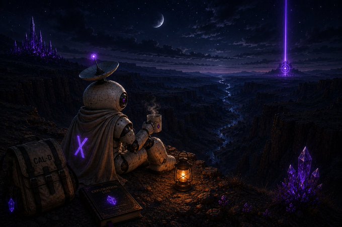 An astronaut with a "CAL-D" marked pack and an "EXPLORERS" book rests on a cliffside under a crescent moon, gazing toward a distant purple beam rising from a glowing city, while holding a steaming mug beside a lantern—capturing the contemplative, community-driven spirit of the GN Explorers' ongoing journey across Caldrisia.