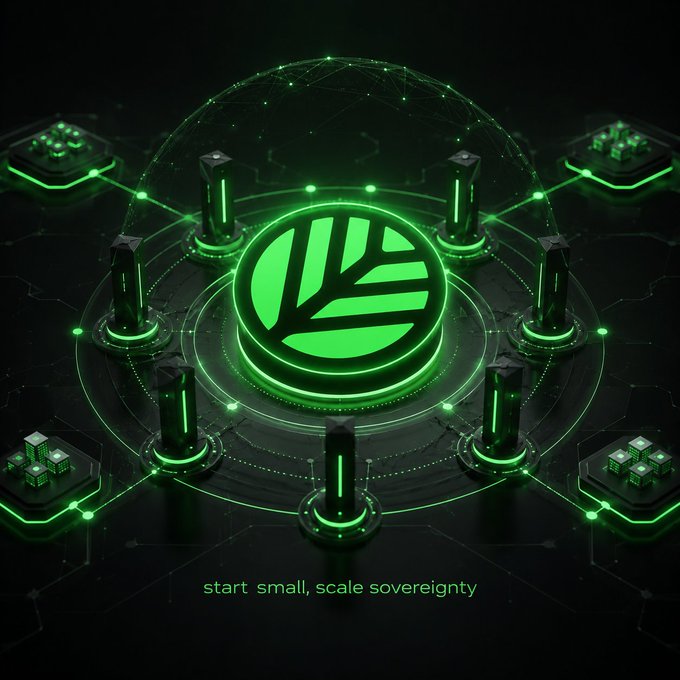 A futuristic green digital graphic featuring a central circular emblem with a leaf-like design surrounded by pillars, connected by a network of glowing green lines, with the text 'start small, scale sovereignty' at the bottom.