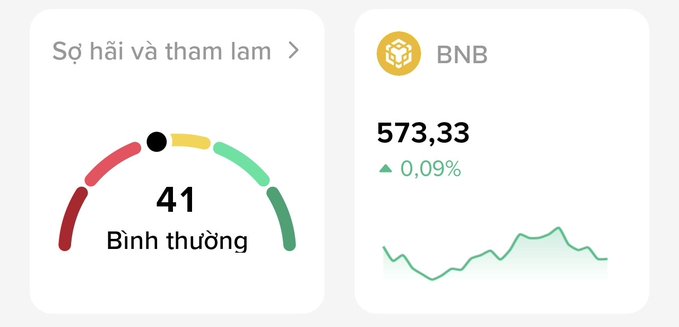 Vietnamese-language crypto tracking widget showing 'Sợ hãi và tham lam' (Fear and Greed) index at 41 'Bình thường' (Neutral), alongside BNB price at 573.33 with a 0.09% increase.