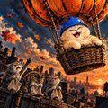 A fantastical scene shows a balloon piloted by a bulldog-like figure floating above a crowded cobblestone plaza with ornate buildings, capturing the whimsical, uplifting mood of "Uptober" with its skyward journey.