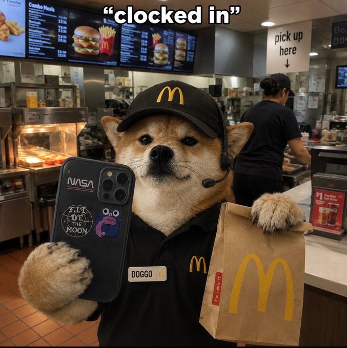 A humorous image of a Shiba Inu dog dressed as a McDonald's employee wearing a headset and holding a phone with a NASA sticker and a McDonald's bag, with the caption "clocked in" at the top.