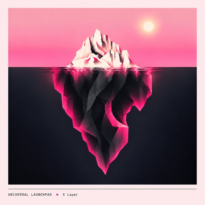 The image depicts an iceberg with a small white tip visible above water under a pink sky with a sun, while a massive glowing pink crystal-like structure extends deep below the surface, with text reading "UNIVERSAL LAUNCHPAD • X Layer." The image visually reinforces the post's message by using the iceberg metaphor—suggesting that X Layer's visible surface activity is minimal, but significant developments (the illuminated magenta form) are hidden and expanding beneath, signaling quiet but substantial bullish momentum.