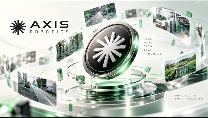 The image features the **Axis Robotics** logo (with "AXIS ROBOTICS" text) displayed prominently alongside a circular emblem, surrounded by a swirling collage of scenes showing roads, greenhouses, forests, and industrial environments. It also displays the tagline text **"REAL WORLD DATA, REAL PROGRESS"** and **"PHYSICAL AI BUILT TOGETHER."** 

The visuals — diverse physical environments paired with the "Real World Data, Real Progress" and "Physical AI Built Together" messaging — directly reinforce the post's theme that Physical AI depends on real-world experience, making the question of who owns and benefits from that experiential data central to evaluating Axis Robotics' ($AXIS) tokenomics.