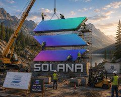 The image shows a construction site in a mountainous area with three solar panels being assembled by workers, overlaid with the text "SOLANA." It symbolizes building and investing in the Solana ecosystem during the anticipated bull run, reinforcing the post's message of carefully constructing your financial future while prioritizing essential needs before chasing gains.