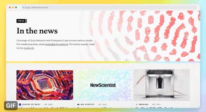 A screenshot of the Quip Network press page titled 'In the news' showing media coverage and contact email press@quip.network, with logos for Quantum Zeitgeist, New Scientist, and Unchained.