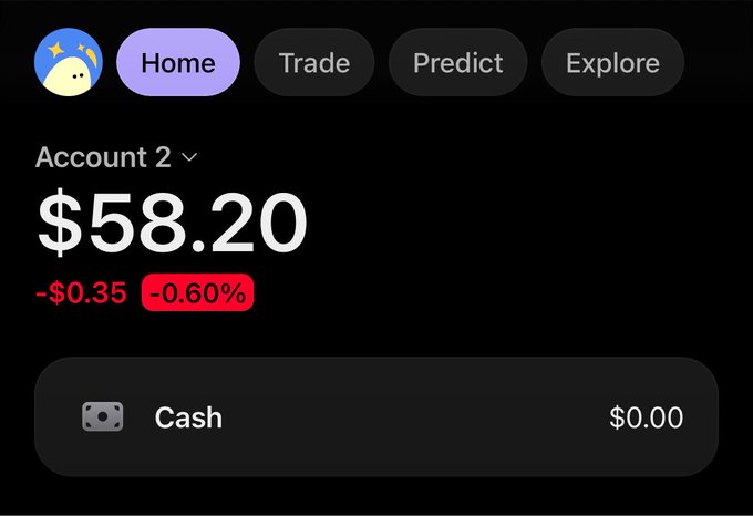A trading or wallet app displays Account 2 with a balance of $58.20, showing a daily loss of -$0.35 (-0.60%), with $0.00 cash available. The image suggests the user is sharing a screenshot of their account balance, likely as proof of funds or participation in the giveaway offering 10 USD in SOL to five participants.