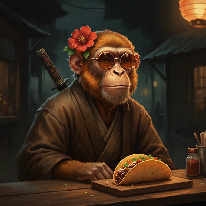 A digital artwork of a monkey dressed as a samurai, wearing round sunglasses and a red hibiscus flower, sitting at a wooden table with a taco in a dimly lit, atmospheric setting.