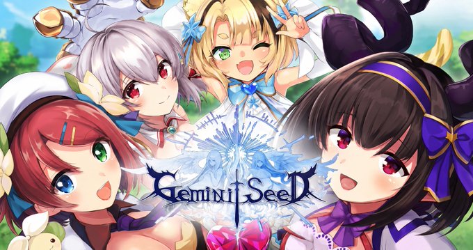 The image is promotional artwork for the game "Gemini Seed," featuring four anime-style heroines gathered around a glowing blue magical emblem, with the game's title displayed prominently. The vibrant illustration aligns with the accompanying post announcing the game's live pre-registration campaign on ONE Wave, inviting players to "Uncover Mysteries With Your Heroines."