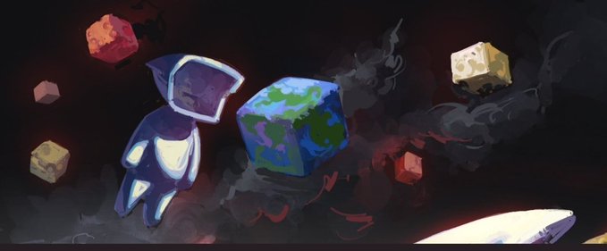 A digital painting of an astronaut floating in space, facing a small cube-shaped Earth surrounded by other asteroid-like cubes.