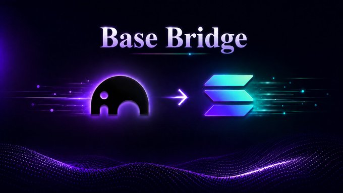 A promotional graphic with the text 'Base Bridge' displaying a bridge logo pointing with an arrow toward the Solana logo against a dark purple background.