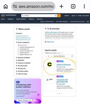 The image shows an AWS Marketplace search results page for "caffeine" on aws.amazon.com, displaying "Caffeine AI Enterprise" as a top result with AI-powered enterprise features and an ad for AWS-powered CMS services from CWS.

The connection to the post appears to be highlighting that "Caffeine"—a website-building platform running on blockchain via $ICP (Internet Computer)—appears in AWS Marketplace search results, contradicting the notion that crypto projects lack legitimate enterprise utility since Caffeine is being marketed alongside major AWS services.