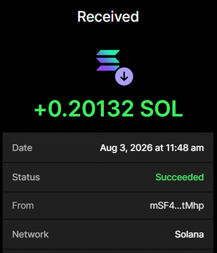 A Solana transaction confirmation showing a successful receipt of +0.20132 SOL on August 3, 2026, which serves as proof of the 0.201 SOL purchase of 6.04 million $NOBULL tokens with 200% bonus during the blindbull.xyz presale.