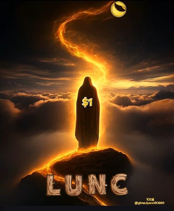 A dramatic digital artwork depicting a hooded figure standing on a fiery peak beneath a crescent moon, with '$1' displayed on its chest and 'LUNC' at the bottom.