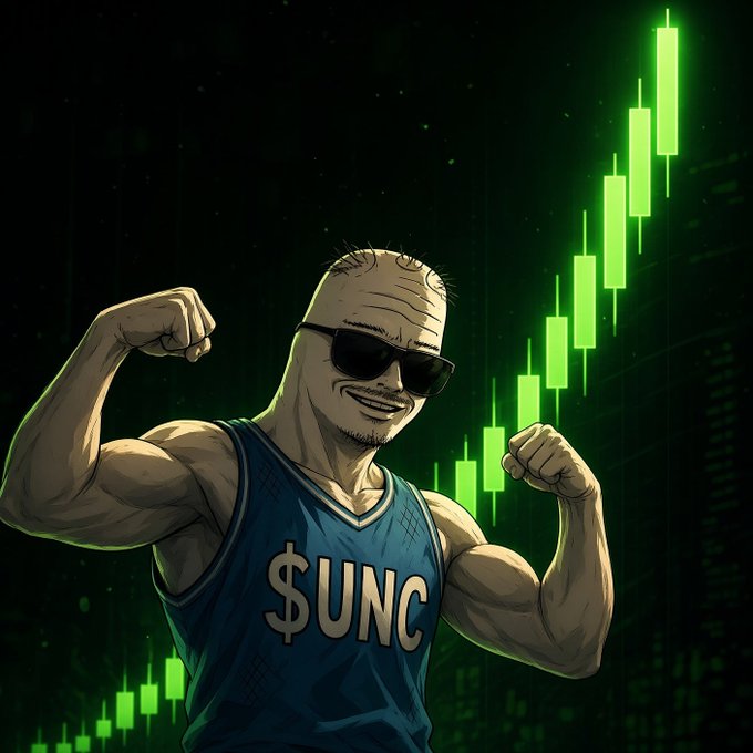 A cartoon-style illustration shows a muscular, bald man wearing sunglasses and a blue "$UNC" jersey flexing his biceps in front of a rising green cryptocurrency candlestick chart.