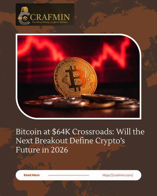 A CRAFMIN article header showing a Bitcoin coin against a red chart background, titled 'Bitcoin at $64K Crossroads: Will the Next Breakout Define Crypto's Future in 2026'.