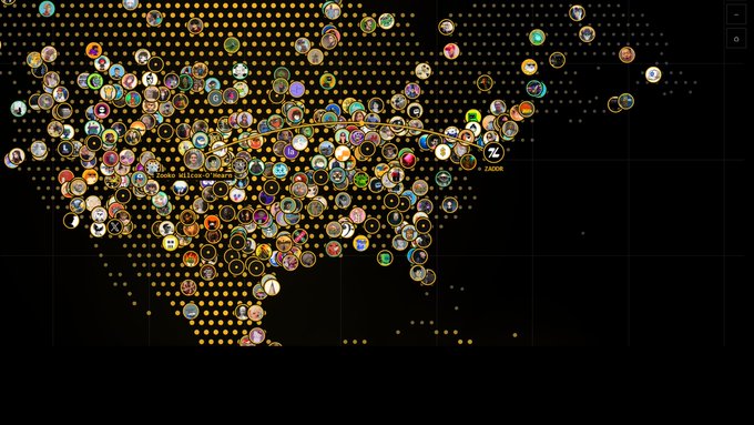 A dark world map displays numerous cryptocurrency logos and orange dots scattered globally, showing a wider view of global crypto activity.