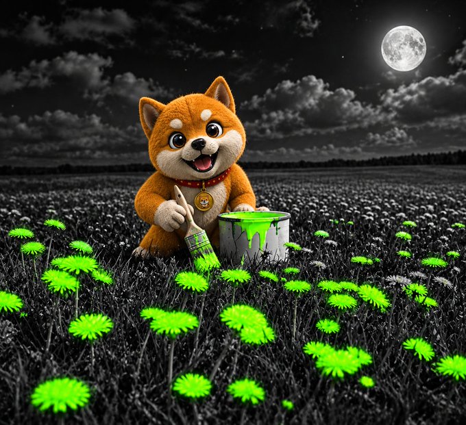 A cartoon-style Shiba Inu dog wearing a red collar with a golden tag smiles while holding a paintbrush and a bucket of neon green paint, surrounded by glowing green flowers under a full moon in a darkened field.