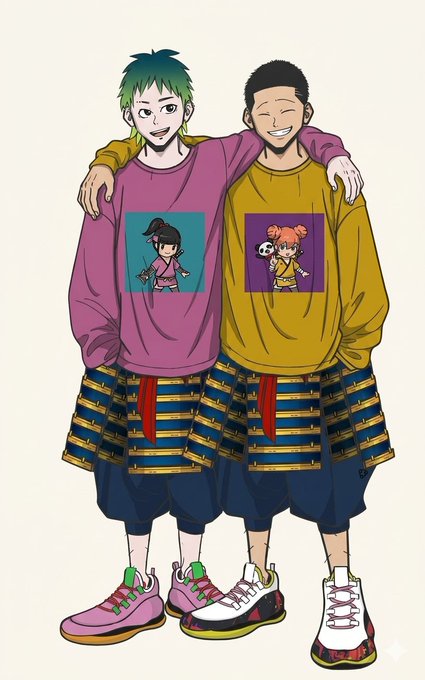 The image features two cartoon-style boys standing next to each other, both wearing colorful shirts with unique designs. One of them has a pink shirt while the other one wears an orange shirt. They are posing for a picture together, showcasing their distinct styles. The background is white and serves as a neutral backdrop that highlights the vibrant colors of their clothing.