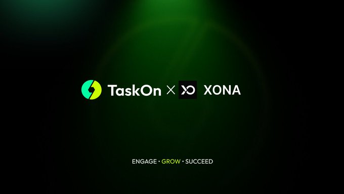 A promotional graphic with a green glowing background showing 'TaskOn × XONA' partnership with the tagline 'ENGAGE · GROW · SUCCEED' at the bottom.