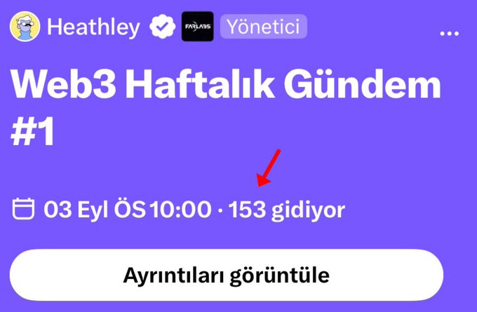 The image shows a Twitter/X header for "Web3 Haftalık Gündem #1" (Web3 Weekly Agenda #1), scheduled for September 3rd with 153 attendees ("gidiyor") indicated by the red arrow. This appears to promote a community voice chat event where the poster mentions @meta_alchemist as a guest for a WL distribution and alpha drop session, though the image specifically references September rather than tomorrow's event.