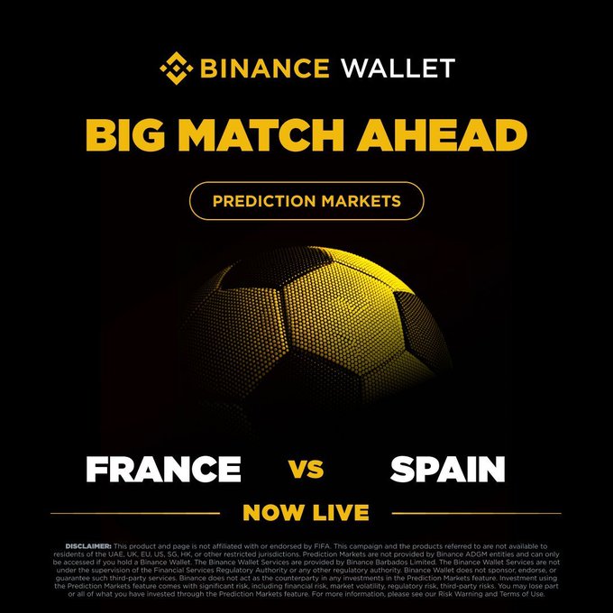 The image is a promotional graphic for Binance Wallet's Prediction Markets featuring a France vs. Spain football match, displaying the Binance Wallet logo, "BIG MATCH AHEAD" headline, a golden soccer ball, and "NOW LIVE" status, which directly supports the post's announcement about the live prediction market for this high-profile matchup.