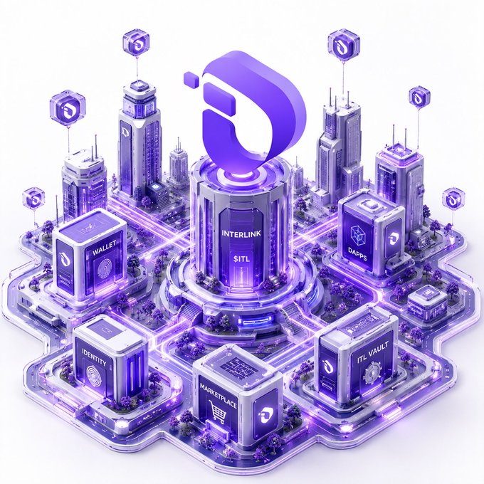 A futuristic 3D isometric rendering of a digital city in purple and white tones displays various blockchain-related buildings labeled 'INTERLINK $ITL', 'WALLET', 'DAPPS', 'IDENTITY', 'MARKETPLACE', and 'ITL VAULT', centered around a large 'D' logo.