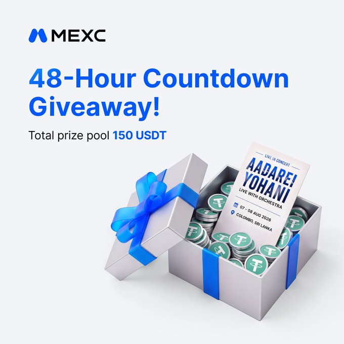A promotional graphic for MEXC announces a '48-Hour Countdown Giveaway!' with a total prize pool of 150 USDT, featuring a gift box of crypto coins and tickets to an Aadarei Yohani Live In Concert in Colombo, Sri Lanka.