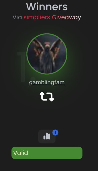 Giveaway winner announcement from simplier showing 'gamblingfam' as the recipient with a 'Valid' confirmation button at the bottom.