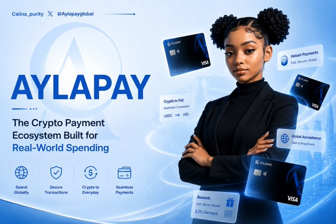 An advertisement for AYLAPAY, a crypto payment ecosystem, featuring a woman surrounded by Visa cards and text highlighting 'Instant Payments', 'Crypto to Fiat', 'Global Acceptance', and 'Rewards'.