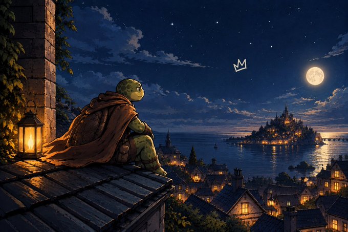 A digital illustration of a turtle character in a cloak sitting on a rooftop at night, gazing at a moonlit coastal village with a castle, with a small crown icon in the sky.