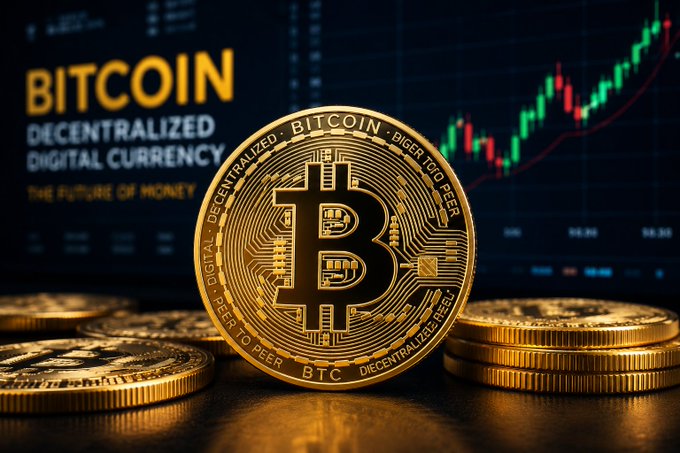 A physical Bitcoin token stands upright in front of a digital screen displaying the text 'BITCOIN DECENTRALIZED DIGITAL CURRENCY' and a candlestick price chart.