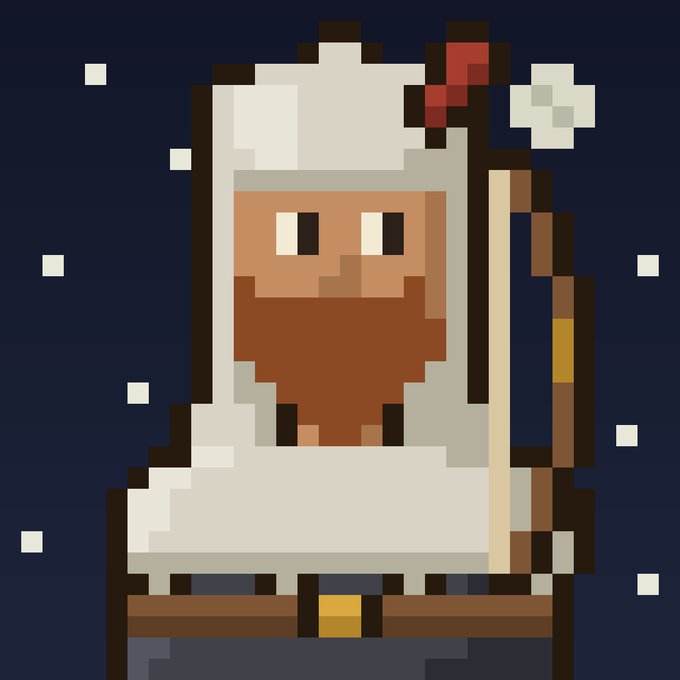 Pixel art Santa Claus with a white beard and red hat, holding a staff against a dark blue snowy background.