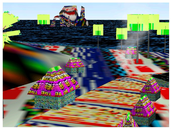A surreal, low-polygon 3D rendered scene featuring a dark body of water, geometric patterned huts, and trees with yellow canopies, set against a colorful checkered ground plane.