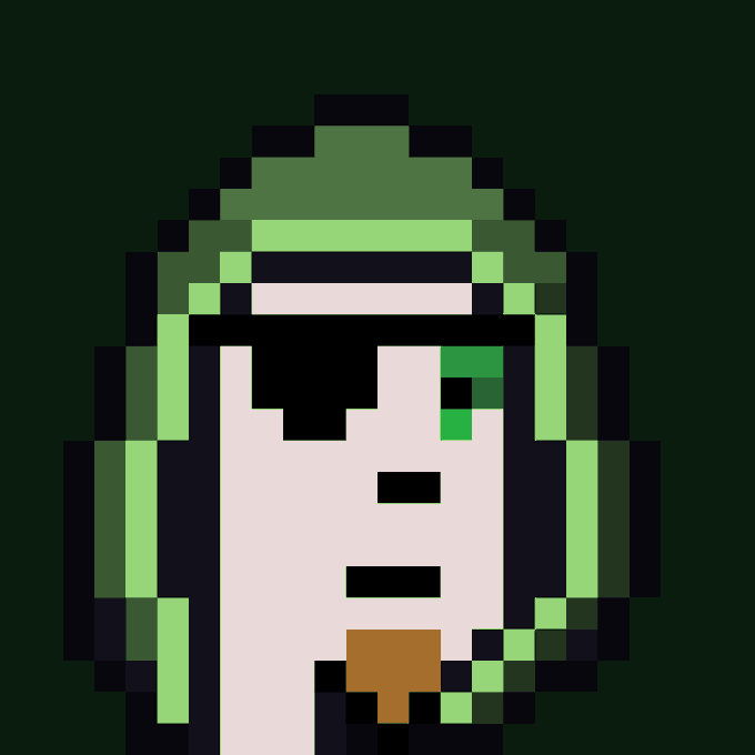 A pixel art image of a hooded green MagickFunk character with a stern expression, representing a digital collectible NFT that "sits in a wallet" and passively earns $MANCER tokens for its holder.