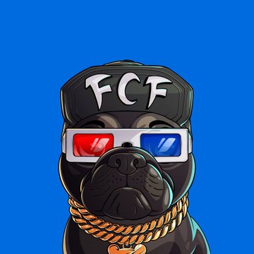 A cartoon black pug wearing a black cap with "FCF" in white letters, red and blue 3D glasses, and a gold chain against a bright blue background.